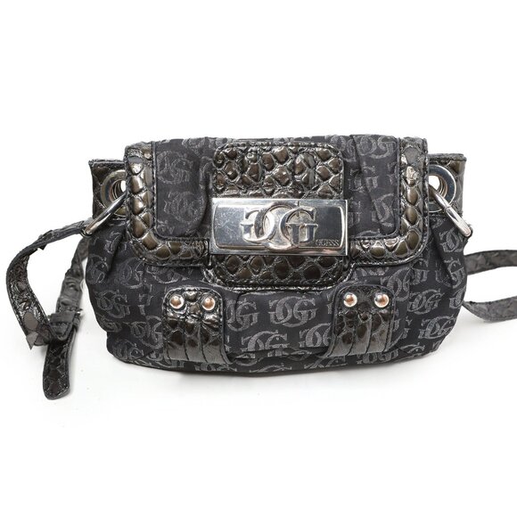 VINTAGE GUESS Monogram Shoulder Bag Y2K Era Black Logo Fabric Faux Croc Purse - Picture 1 of 15